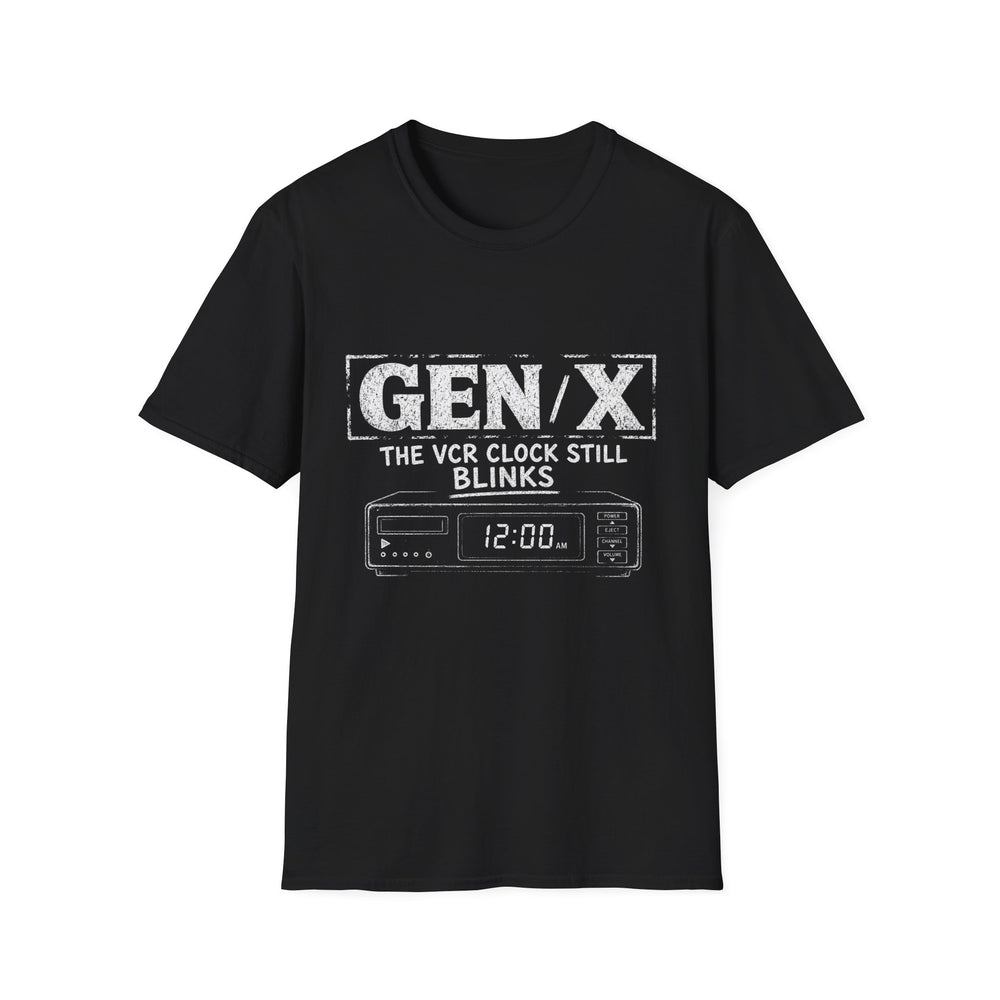 T-Shirt — "Gen X — The VCR Clock Still Blinks" VCR Survivor White-Ink Tee