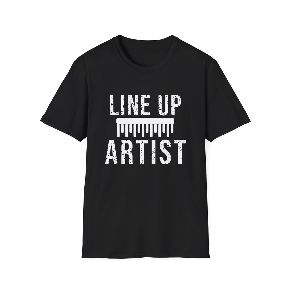 Line Up Artist funny graphic tee, white ink on a black tee, front view