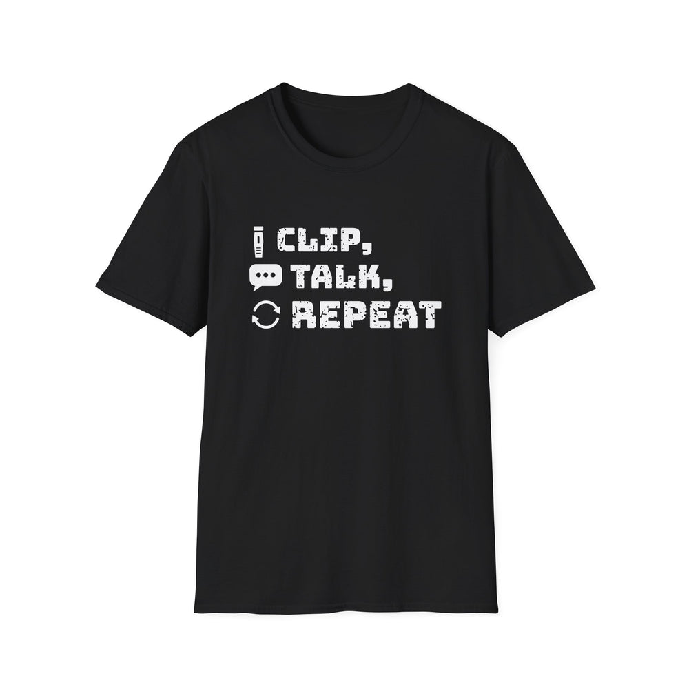 Clip, Talk, Repeat White Ink Tee - front flat mockup