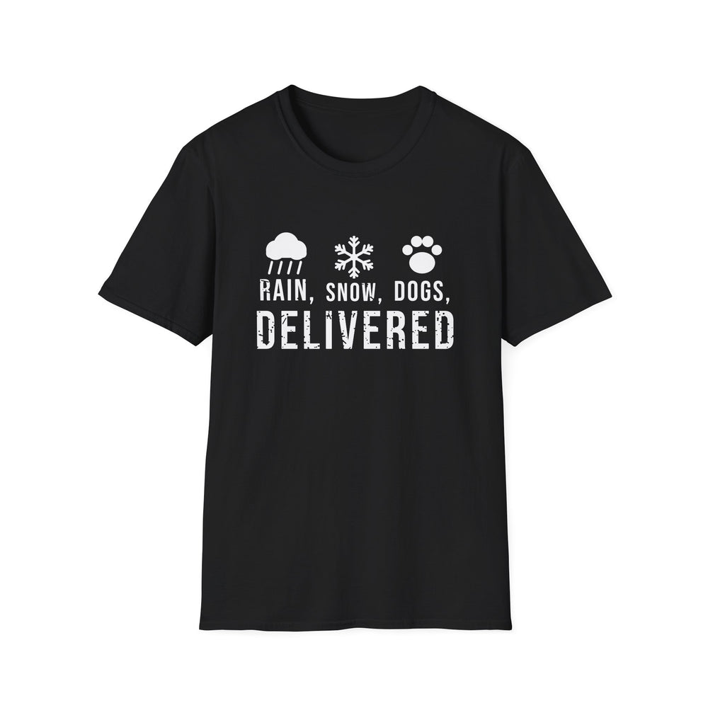 Rain, Snow, Dogs, Delivered White Ink Tee - front flat mockup