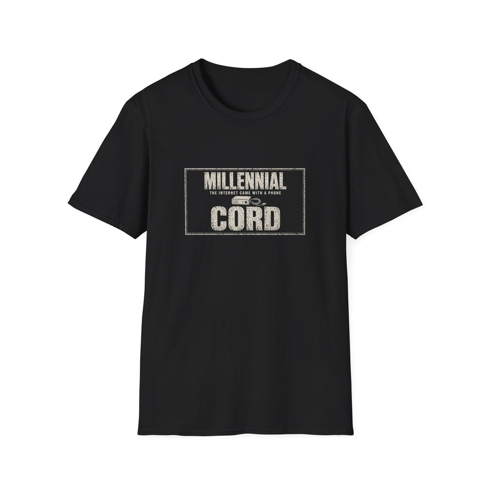T-Shirt — "Millennial — The Internet Came With a Phone Cord" Phone Cord Internet White-Ink Tee