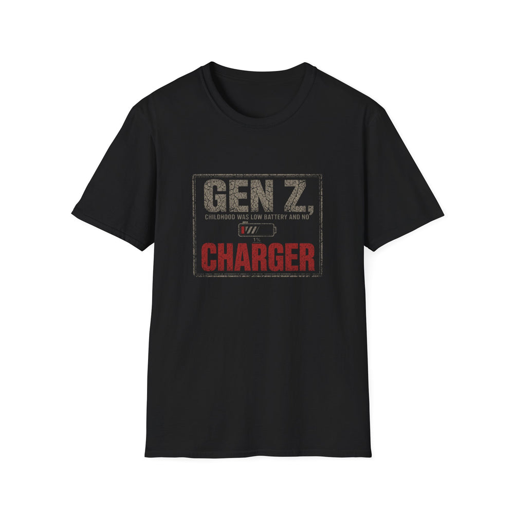 T-Shirt — "Gen Z — Childhood Was Low Battery and No Charger" Low Battery Childhood Tee