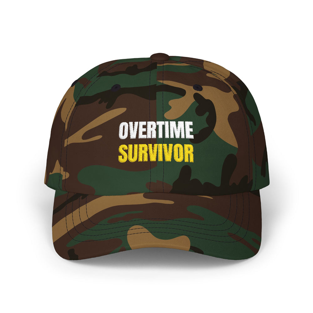 Overtime Survivor embroidered dad hat, Green Camo, front