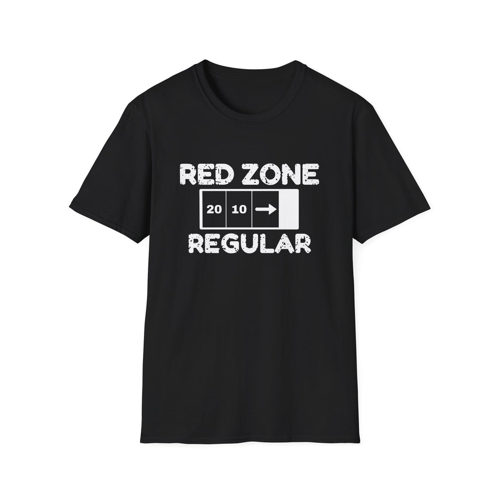 Red Zone Regular funny graphic tee, white ink on a black tee, front view