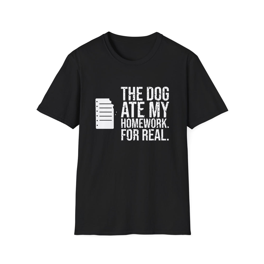 The Dog Ate My Homework. For Real. White Ink Tee