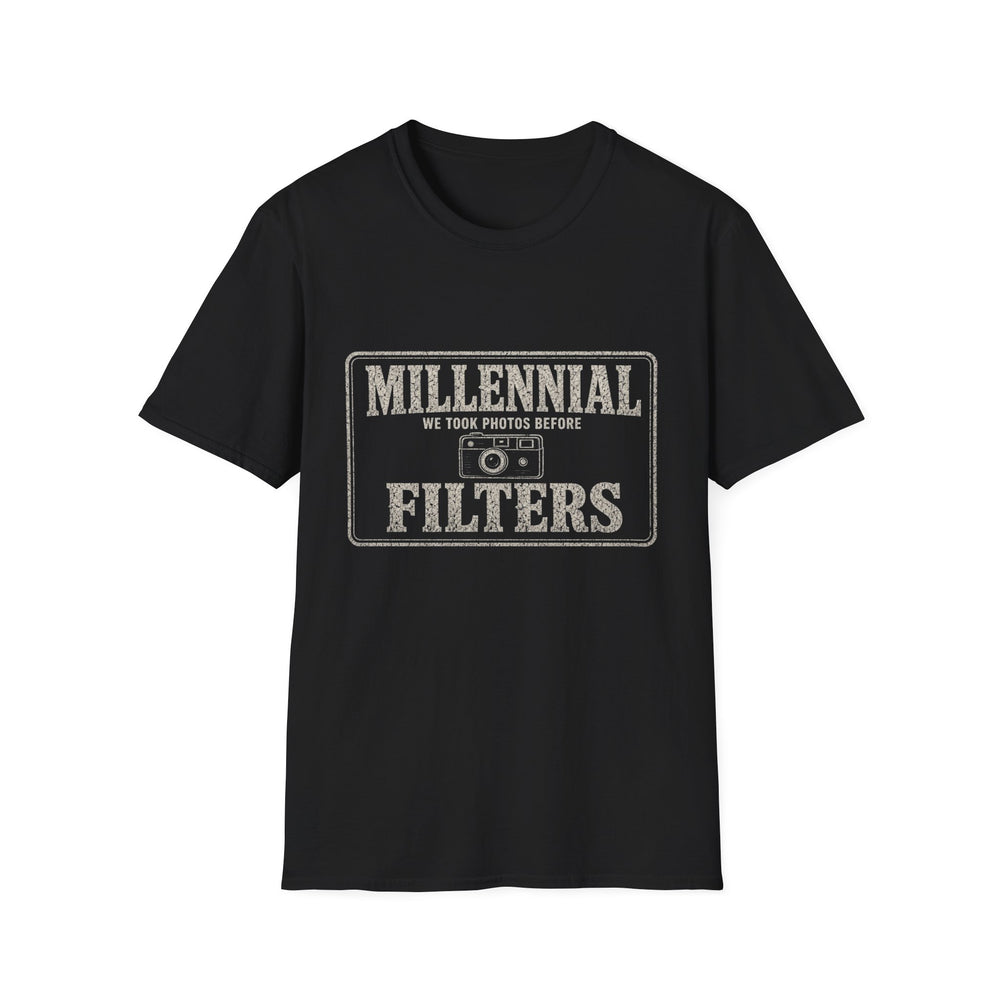 T-Shirt — "Millennial — We Took Photos Before Filters" Pre-Filter Photos White-Ink Tee