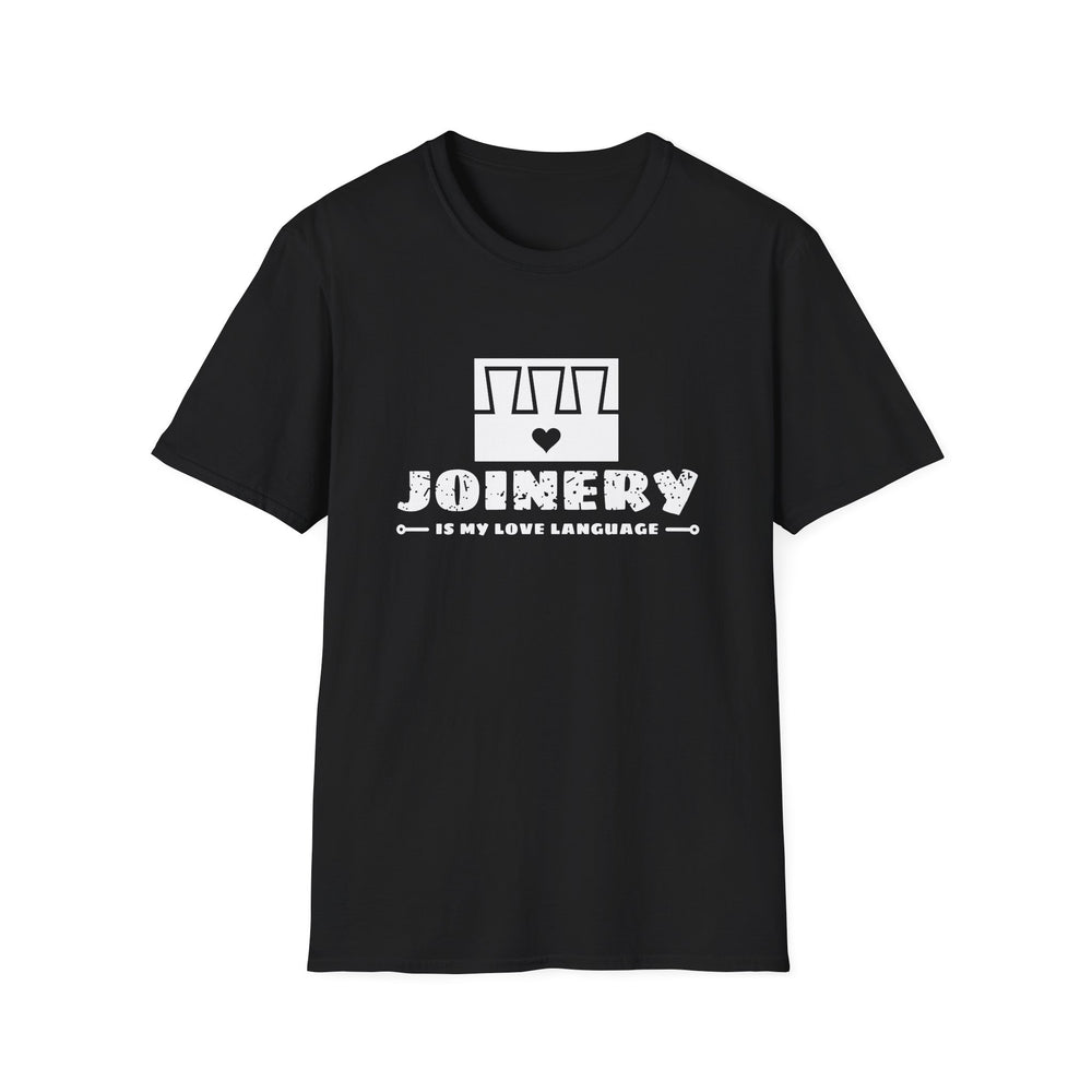 Joinery Is My Love Language White Ink Tee - front flat mockup