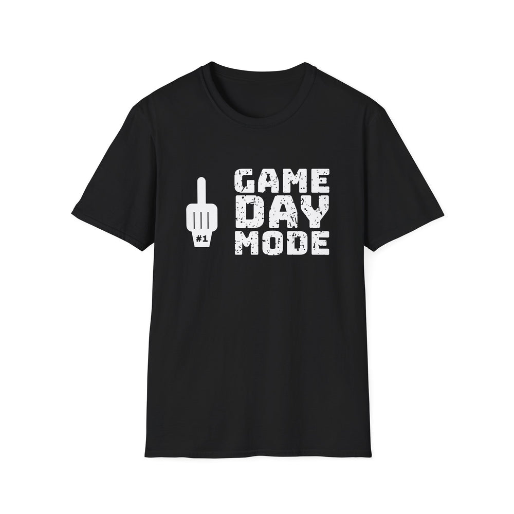 Game Day Mode funny graphic tee, white ink on a black tee, front view