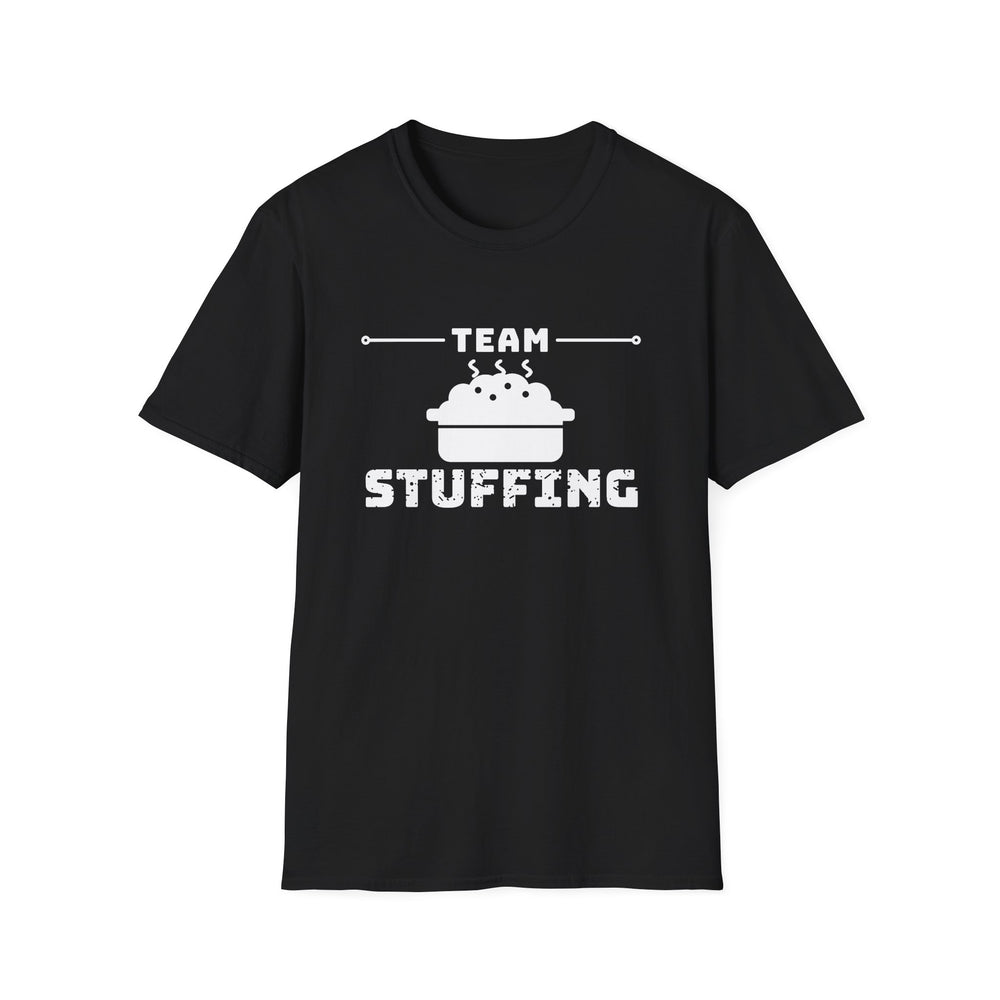 Team Stuffing funny graphic tee, white ink on a black tee, front view