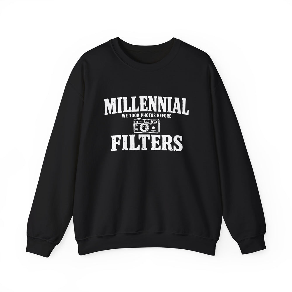 We Took Photos Before Filters Millennial crewneck sweatshirt in black, front view