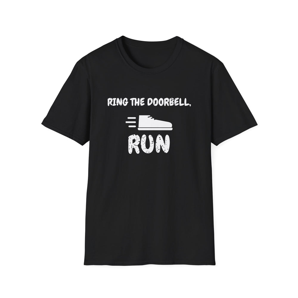 Ring The Doorbell, Run White Ink Tee - front flat mockup