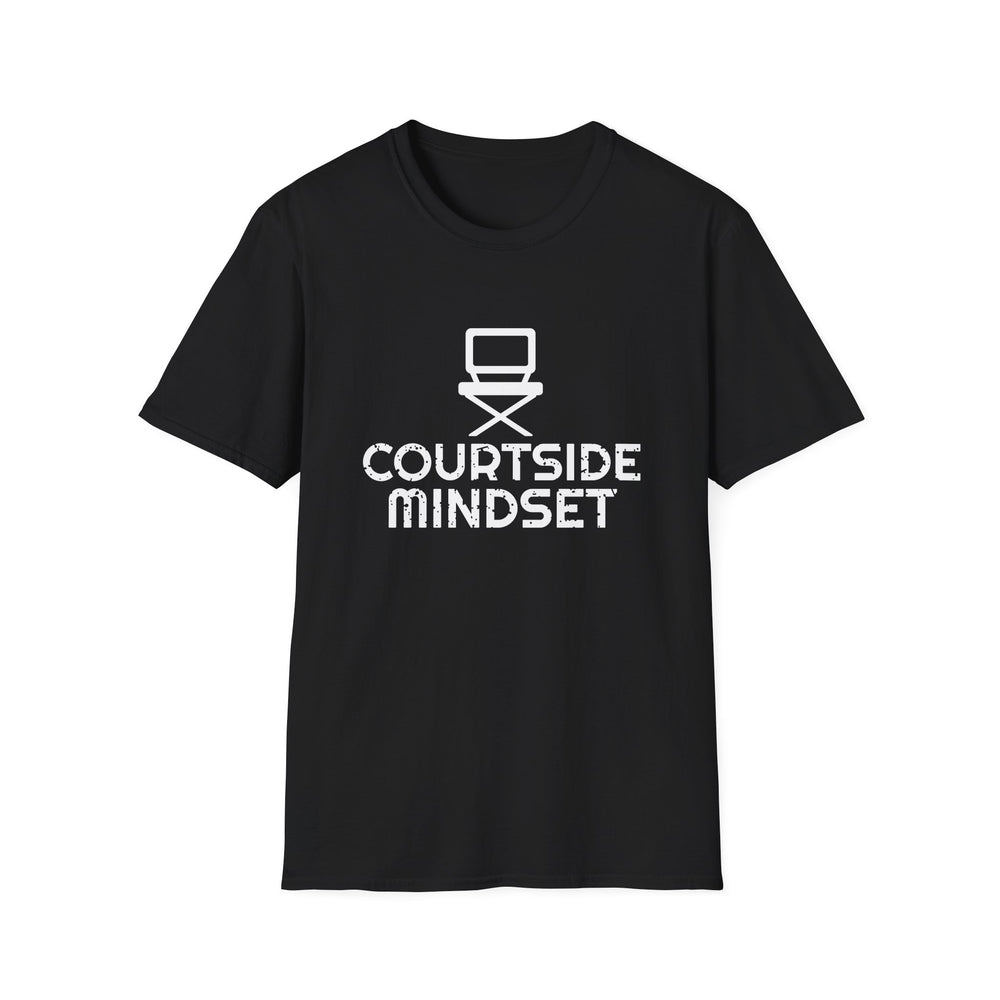 Courtside Mindset funny basketball tee, white ink on a black tee, front view