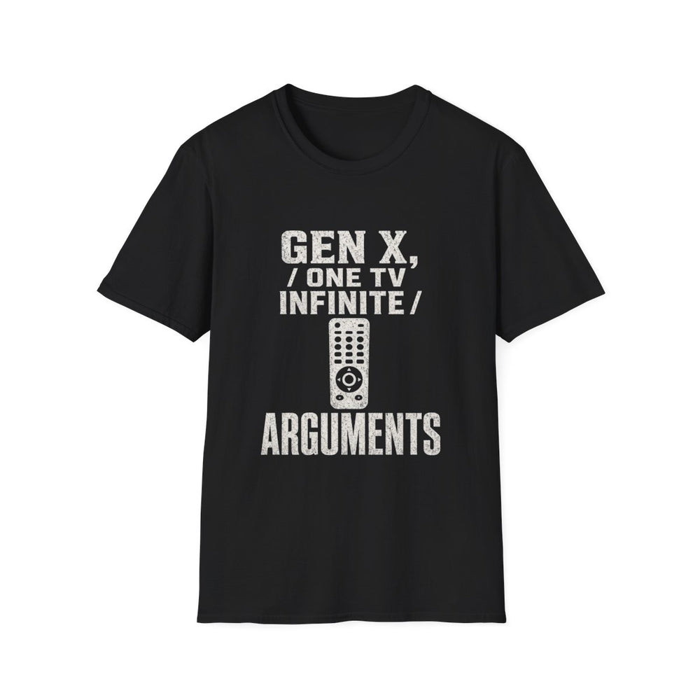 T-Shirt — "Gen X — One TV, Infinite Arguments" Remote Negotiator White-Ink Tee