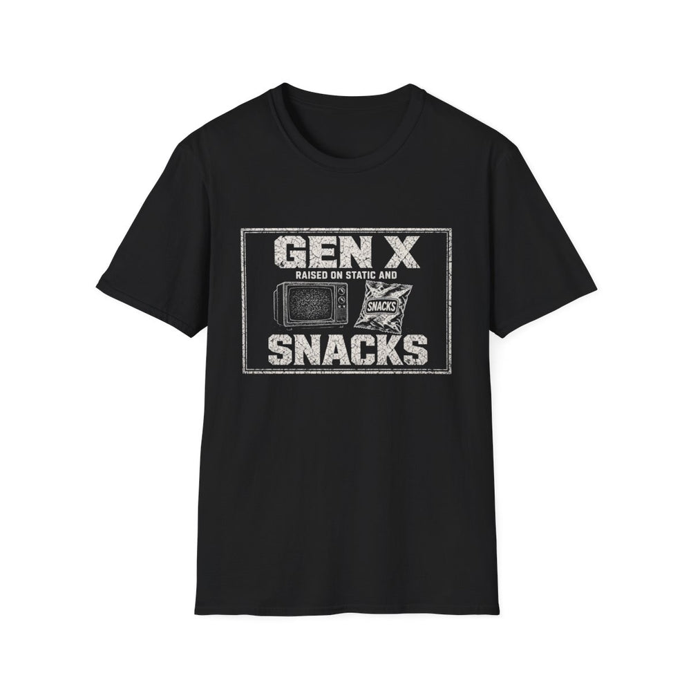 T-Shirt — "Gen X — Raised on Static and Snacks" Static & Snacks White-Ink Tee