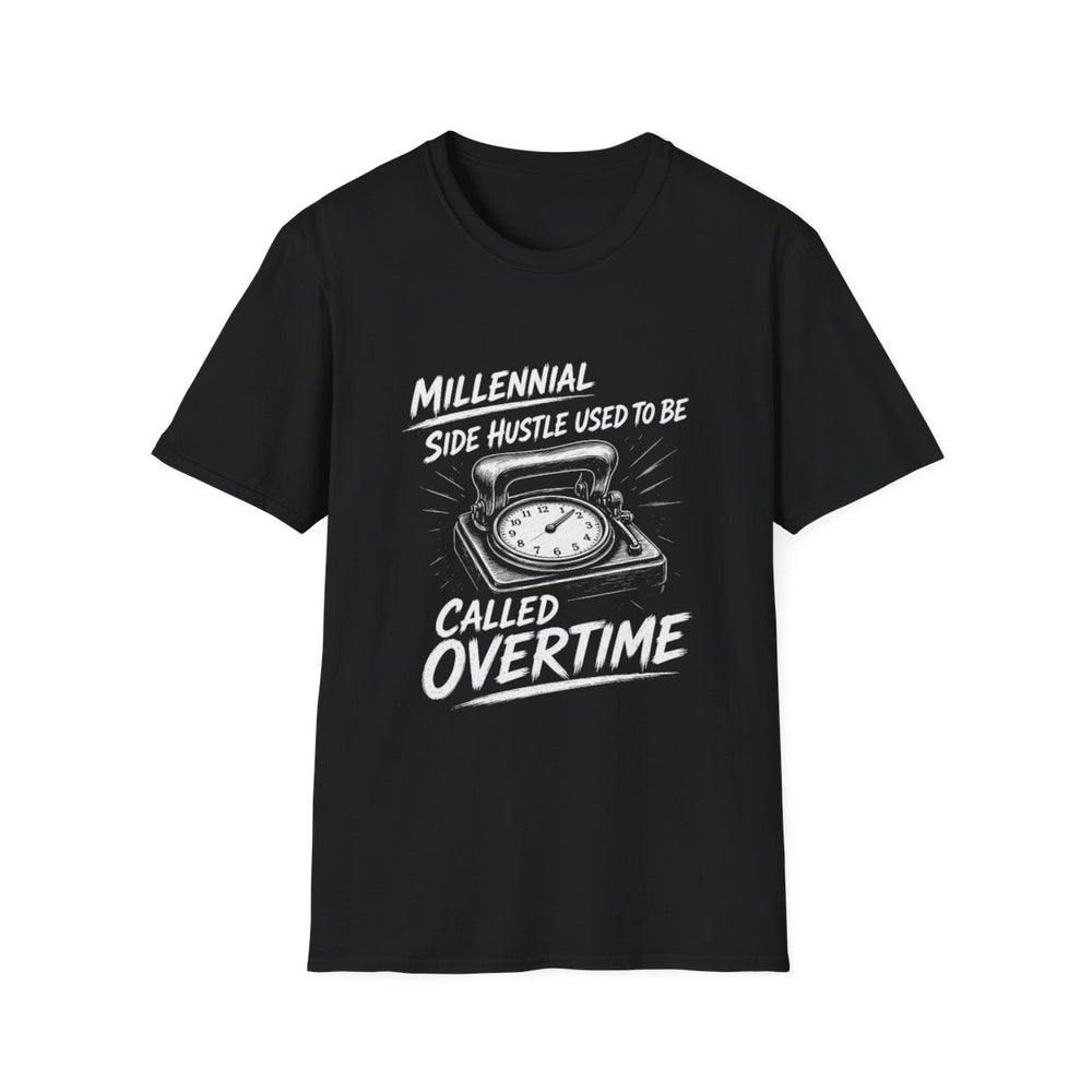 T-Shirt — "Millennial — Side Hustle Used to Be Called Overtime" Punch Clock Tee (White Ink)