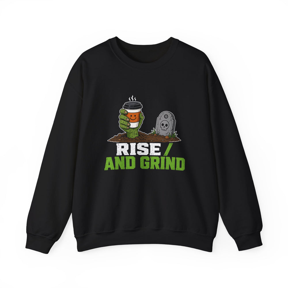 Rise And Grind crewneck sweatshirt in black, front view