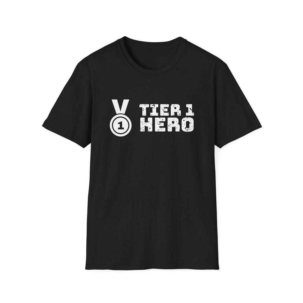 Tier 1 Hero funny graphic tee, white ink on a black tee, front view