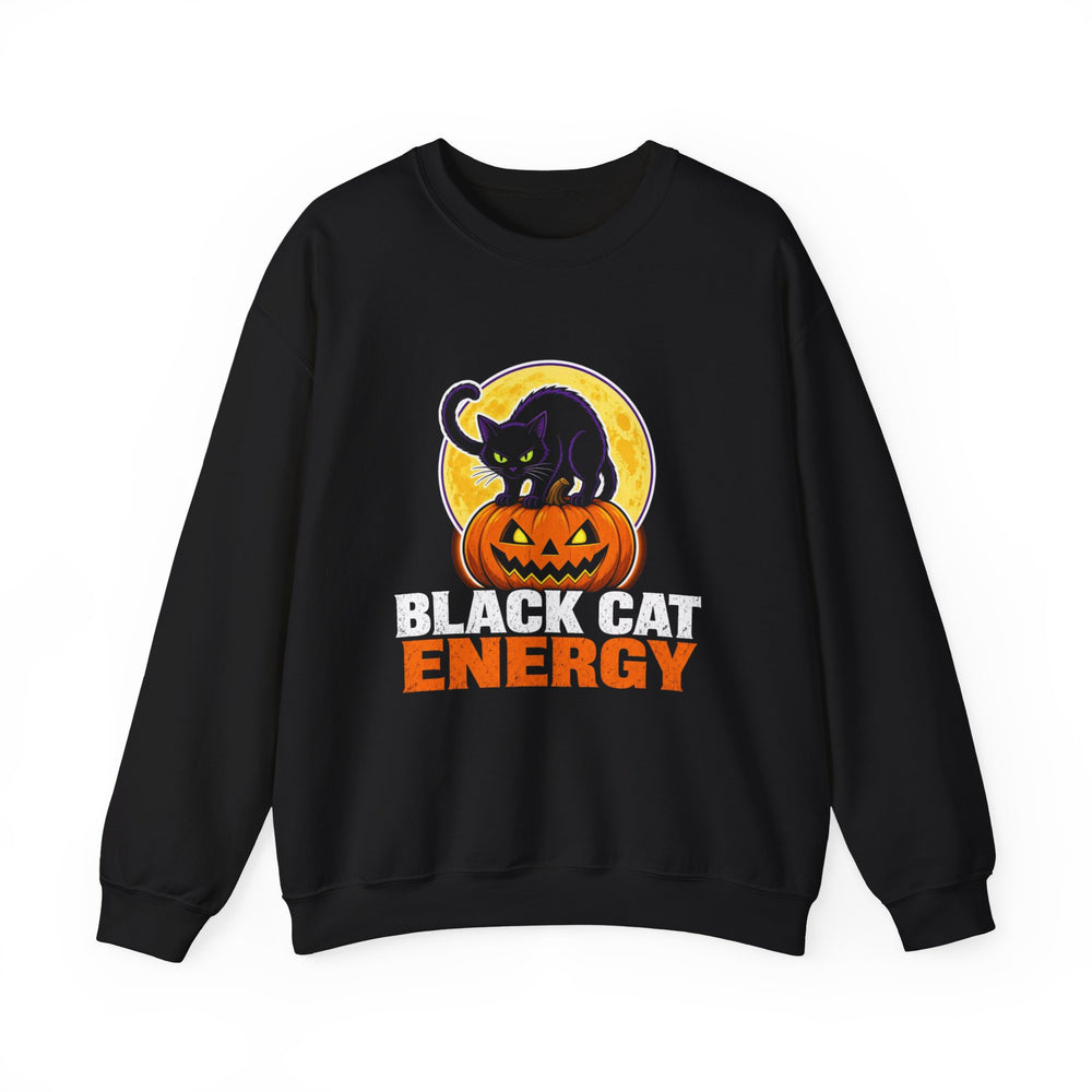 Black Cat Energy crewneck sweatshirt in black, front view