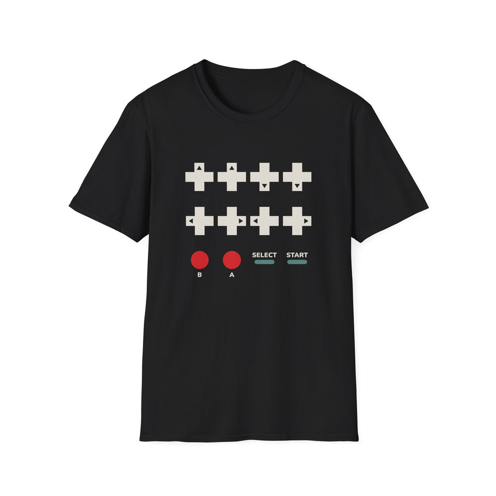 Gen X & Millennial Up Up Down Down Cheat Code funny graphic tee, color print on a black tee, front view