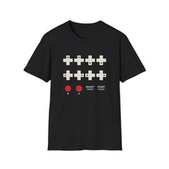 Gen X & Millennial Up Up Down Down Cheat Code funny graphic tee, color print on a black tee, front view