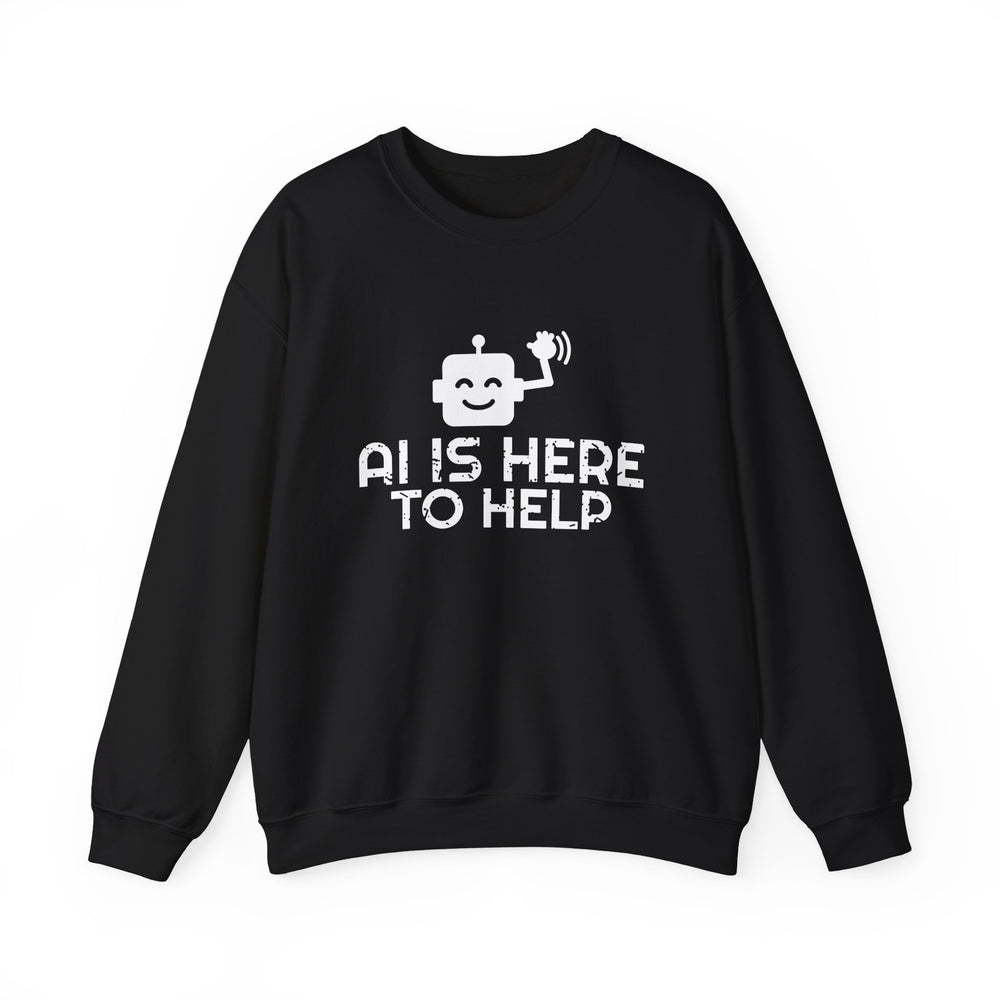 AI Is Here To Help crewneck sweatshirt in black, front view