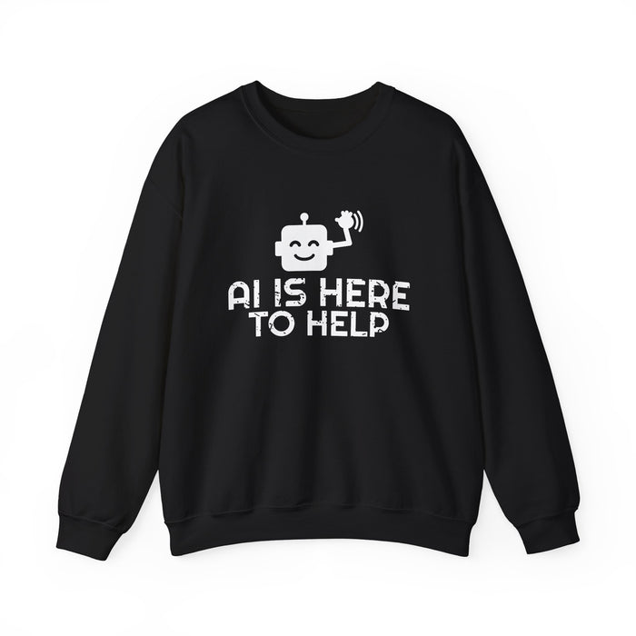 AI Is Here To Help crewneck sweatshirt in black, front view