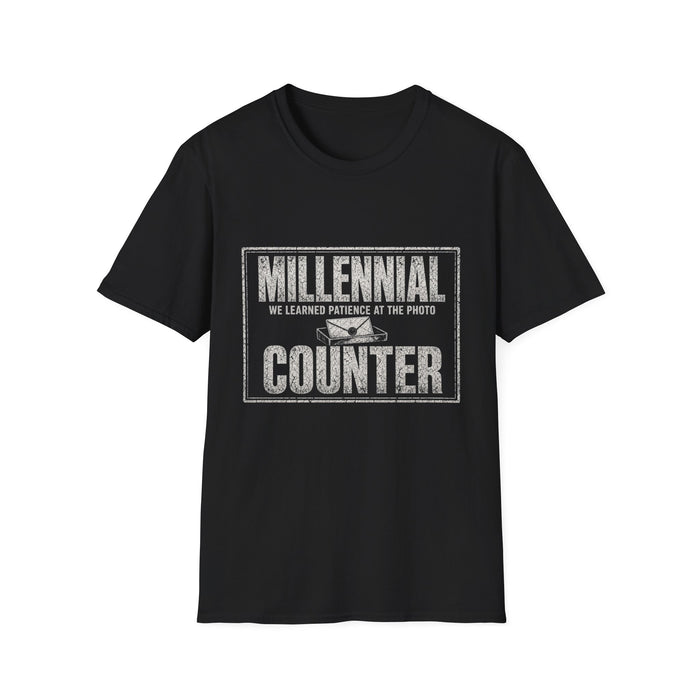 T-Shirt — "Millennial — We Learned Patience at the Photo Counter" Photo Counter White-Ink Tee