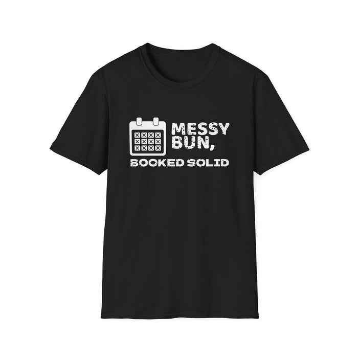 Messy Bun, Booked Solid White Ink Tee - front flat mockup