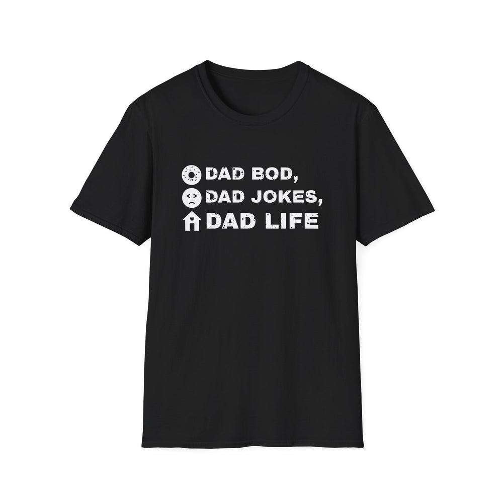 Dad Bod, Dad Jokes, Dad Life funny graphic tee, white ink on a black tee, front view
