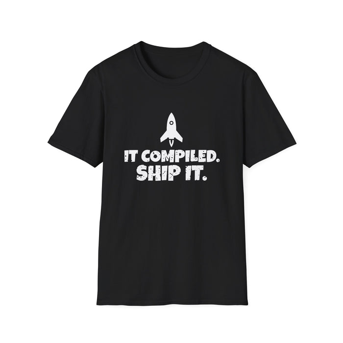 It Compiled. Ship It. White Ink Tee - front flat mockup