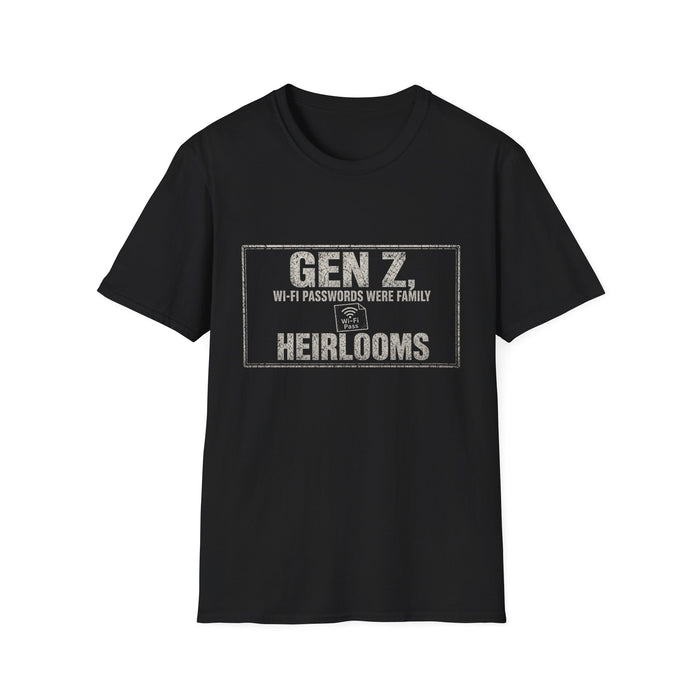 T-Shirt — "Gen Z — Wi-Fi Passwords Were Family Heirlooms" Wi-Fi Heirloom White-Ink Tee