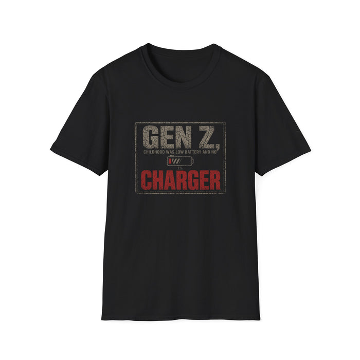 T-Shirt — "Gen Z — Childhood Was Low Battery and No Charger" Low Battery Childhood Tee