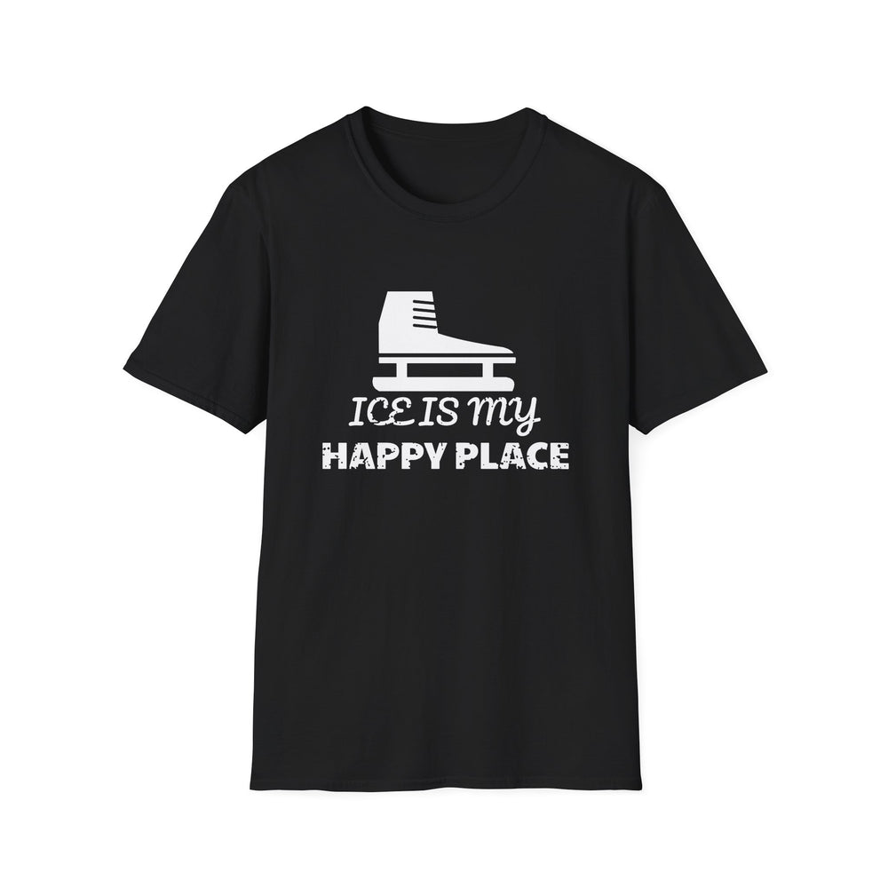 Ice Is My Happy Place funny hockey tee, white ink on a black tee, front view