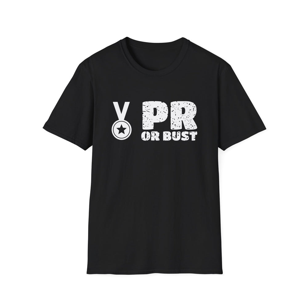 PR Or Bust funny running tee, white ink on a black tee, front view