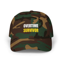 Overtime Survivor embroidered dad hat, Green Camo, front