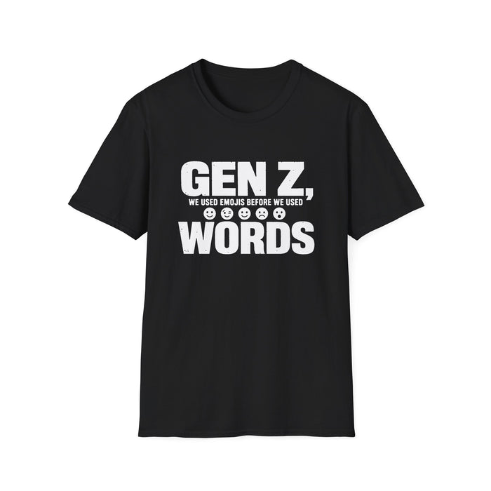 T-Shirt — "Gen Z — We Used Emojis Before We Used Words" Emoji Fluent White-Ink Tee - front flat mockup