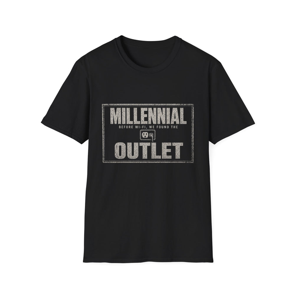 T-Shirt — "Millennial — Before Wi-Fi, We Found the Outlet" Outlet Hunter White-Ink Tee