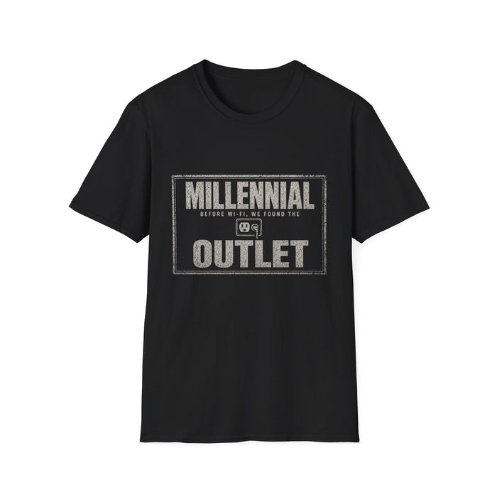 T-Shirt — "Millennial — Before Wi-Fi, We Found the Outlet" Outlet Hunter White-Ink Tee