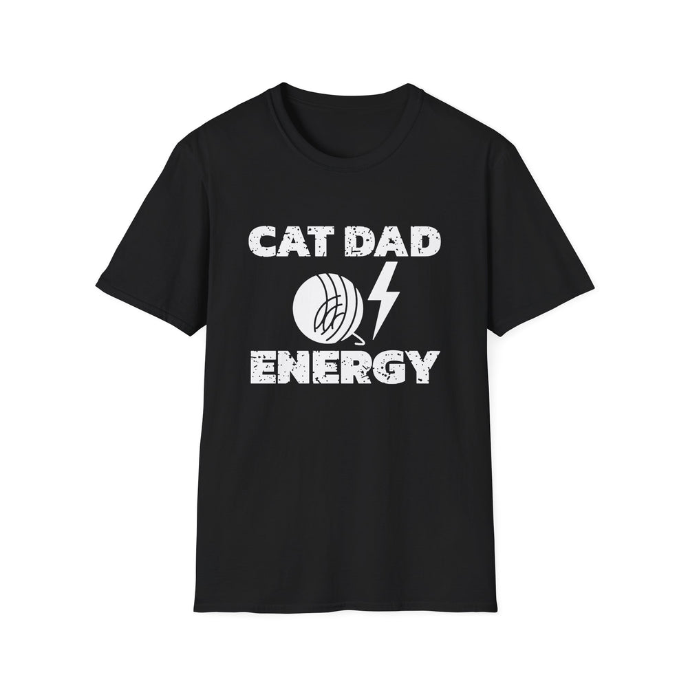 Cat Dad Energy funny cat lover tee, white ink on a black tee, front view