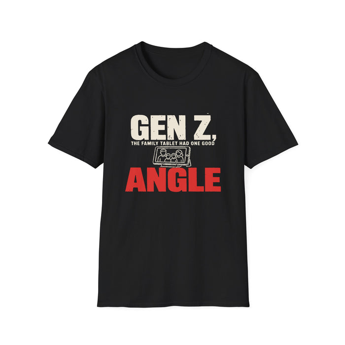 T-Shirt — "Gen Z — The Family Tablet Had One Good Angle" Family Tablet Tee - front flat mockup