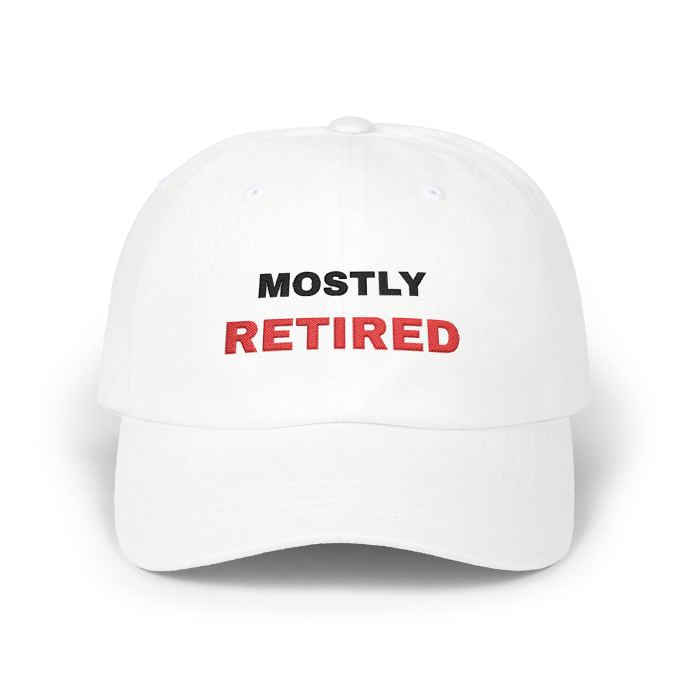 Mostly Retired embroidered dad hat, White, front