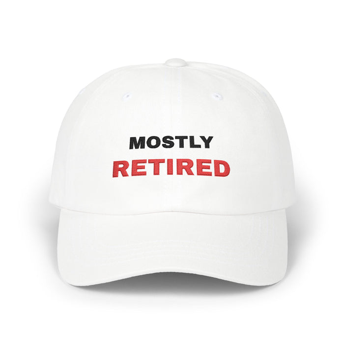 Mostly Retired embroidered dad hat, White, front