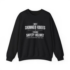 My Skinned Knees Your Safety Helmet crewneck sweatshirt in black, front view