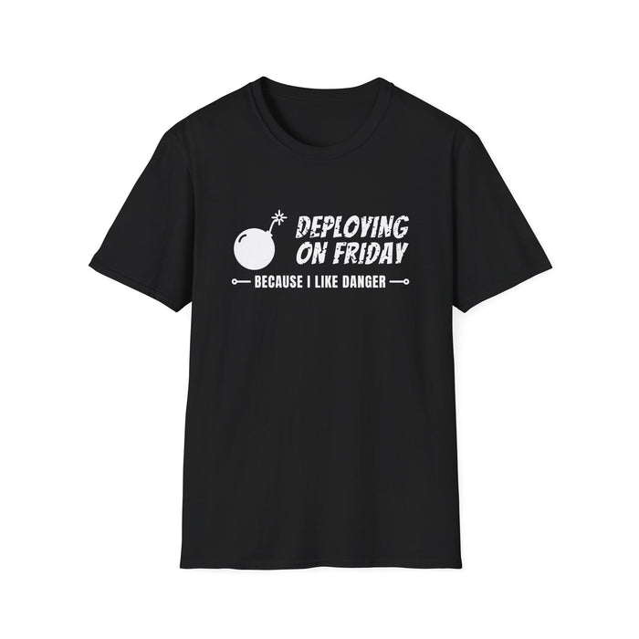 Deploying On Friday Because I Like Danger White Ink Tee - front flat mockup