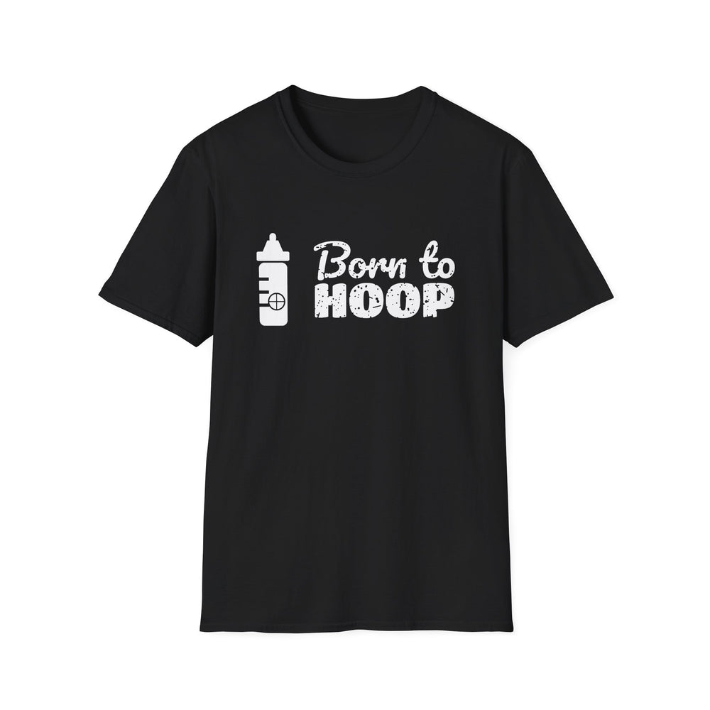 Born To Hoop funny basketball tee, white ink on a black tee, front view
