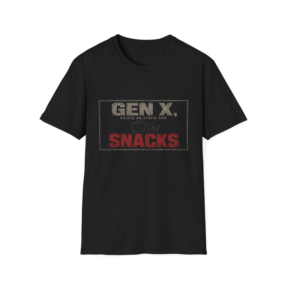 T-Shirt — "Gen X — Raised on Static and Snacks" Static & Snacks Tee