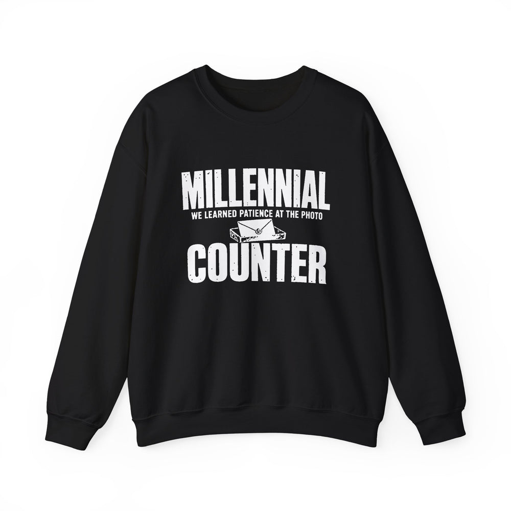 We Learned Patience at the Photo Counter Millennial crewneck sweatshirt in black, front view
