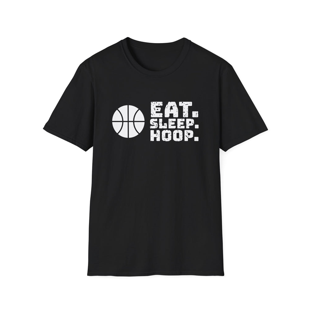 Eat. Sleep. Hoop. funny basketball tee, white ink on a black tee, front view