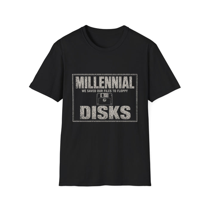 T-Shirt — "Millennial — We Saved Our Files to Floppy Disks" Floppy Disk Files White-Ink Tee