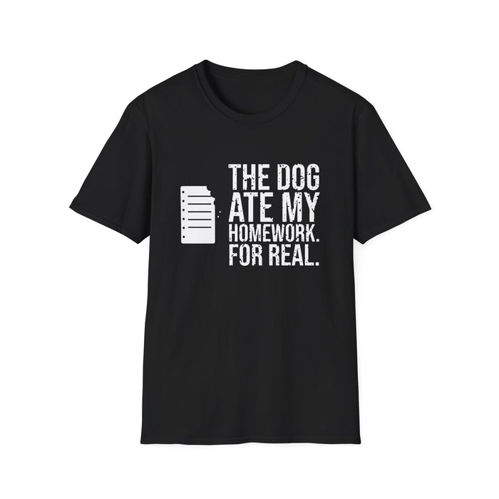 The Dog Ate My Homework. For Real. White Ink Tee